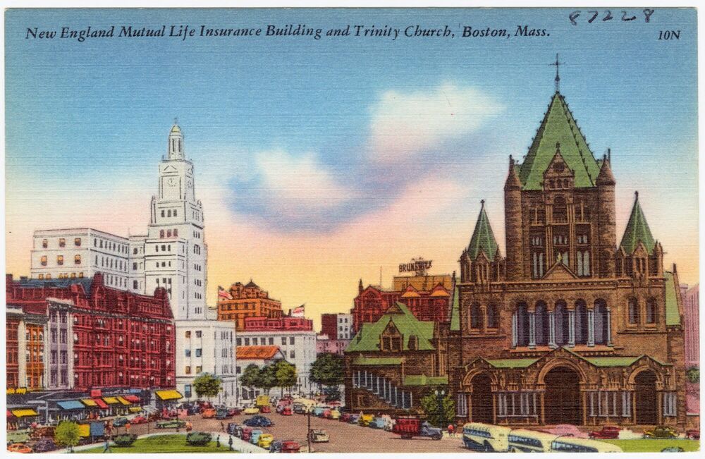 Postcard view of the New England Mutual Life Insurance Building at 501 Boylston Street, Copley Square, Boston, about 1941 to 1945